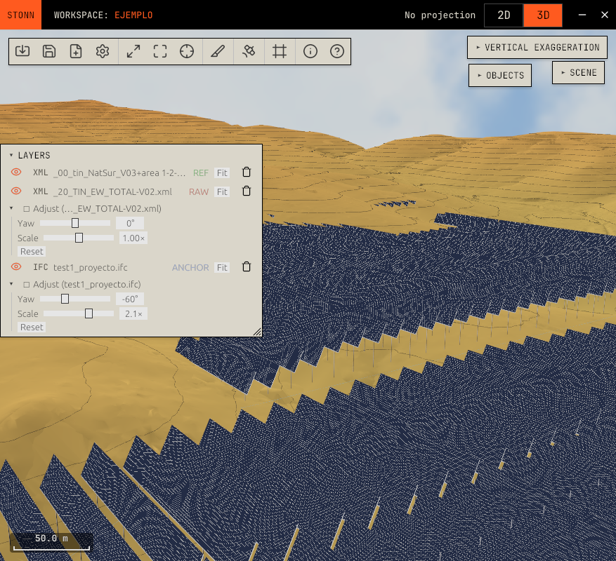 Stonn — federated civil viewer showing terrain, parcels and infrastructure in one scene