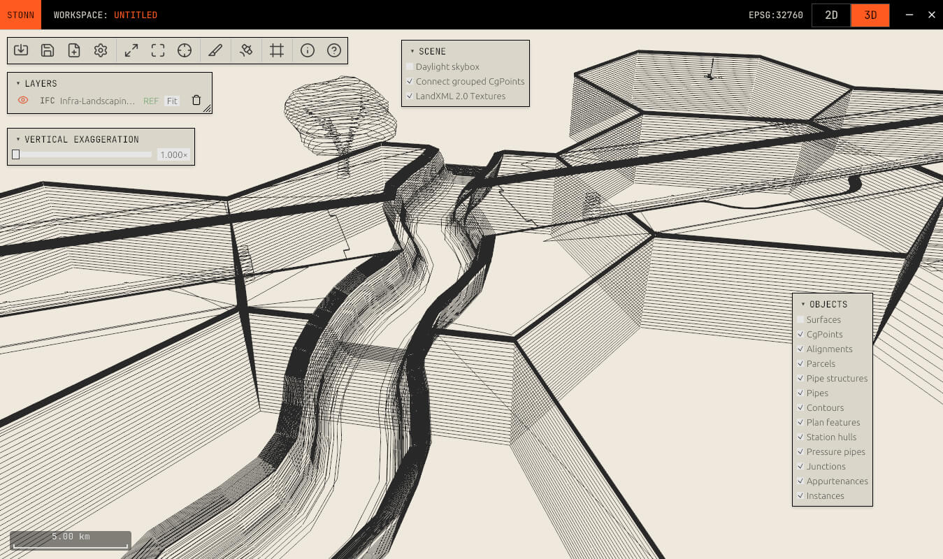 Inside Stonn — federated scene with project tree and properties panel